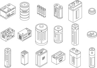Poster - Battery icons set. Isometric set of battery vector icons outline thin lne isolated on white