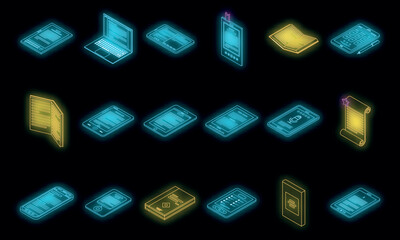 Poster - E-book application icons set. Isometric set of e-book application vector icons neon color on black