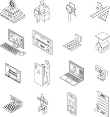 Poster - distance education icons set. isometric set of distance education vector icons outline thin lne isol