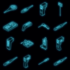 Poster - Digital thermometer icons set. Isometric set of digital thermometer vector icons neon color on black
