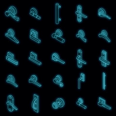 Poster - Door handles icons set. Isometric set of door handles vector icons neon color on black