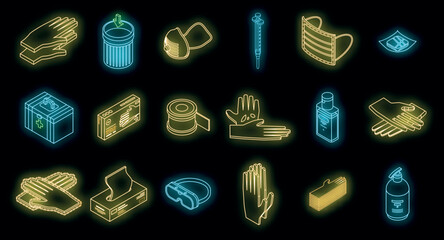Wall Mural - Medical gloves icons set. Isometric set of medical gloves vector icons neon color on black