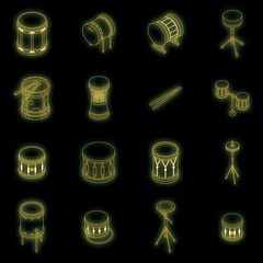Poster - Drum icons set. Isometric set of drum vector icons neon color on black