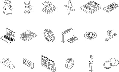 Poster - Time management icons set. Isometric set of time management vector icons outline thin lne isolated on white