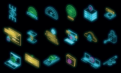 Poster - SSL certificate icons set. Isometric set of SSL certificate vector icons neon color on black