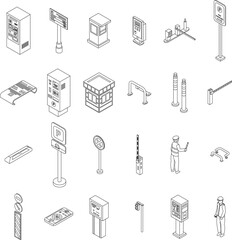 Poster - Paid parking icons set. Isometric set of paid parking vector icons outline thin lne isolated on white