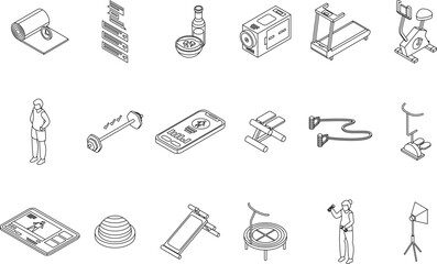 Poster - Fitness blog icons set. Isometric set of fitness blog vector icons outline thin lne isolated on white