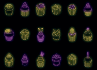 Wall Mural - Muffin icons set. Isometric set of muffin vector icons neon color on black