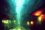 Fototapeta Uliczki - scifi  dystopia post-apocalyptic city  narrow street, lime green and pink lights, concept art, digital painting, cinematic,
