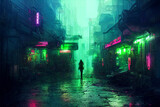Fototapeta  - cyberpunk post-apocalyptic city  narrow street, lime green and pink lights, concept art, digital painting, cinematic,