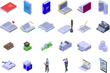 Poster - Book publication icons set isometric vector. School library. Education learning
