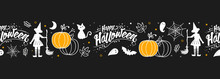 Fun Hand Drawn Halloween Seamless Pattern With Cats, Hats, Bats And Decoration - Great For Textiles, Banners, Wallpapers, Wrapping - Vector Design
