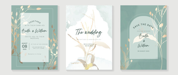 Luxury botanical wedding invitation card template. Minimal watercolor card with flowers, wildflowers, foliage, wild grass. Elegant blossom vector design suitable for banner, cover, invitation.