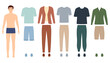 Paper doll man with clothes for different events, vector illustration