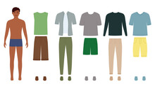Dark Skin Paper Doll Man With Clothes For Different Events, Vector Illustration