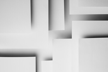 Poster - white rectangles paper surfaces fly with shadows, glow, stripes as complex abstract geometric backgr