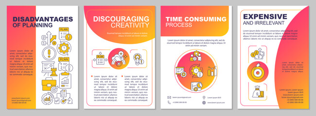 Disadvantages of business planning red gradient brochure template. Leaflet design with linear icons. 4 vector layouts for presentation, annual reports. Arial, Myriad Pro-Regular fonts used