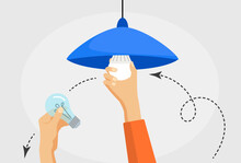 Human Hand Changing Ordinary Light Bulb To Power Save LED Lamp, Vector Illustration