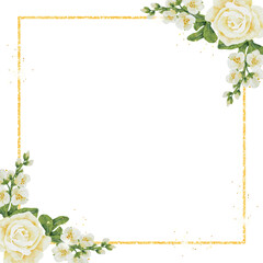 Wall Mural - watercolor white roses bouquet with golden luxury square frame