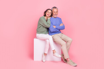 Poster - Full size photo of two peaceful idyllic partners sit podium cuddle folded arms isolated on pink color background