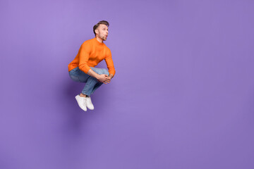 Sticker - Full photo of good mood amazed excited man have fun jumping in pool enjoy summer holiday isolated on violet color background