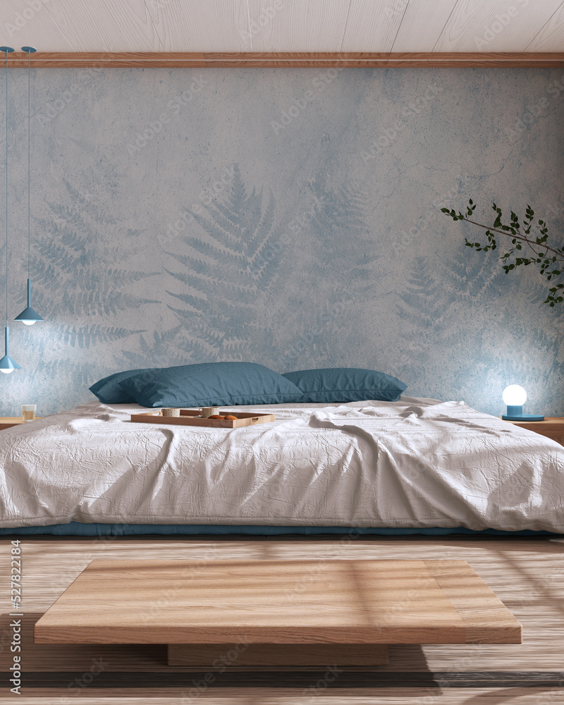 Japandi bedroom mock up in white and blue tones. Bed with pillows ...