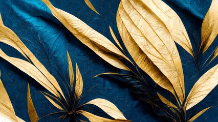 Art background in blue tones with tropical leaves in gold. generative ai