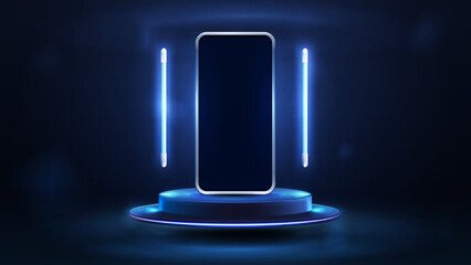 Wall Mural - Smartphone on blue podium floating in the air in dark scene with blue flying line lamps around, 3d realistic vector illustration.