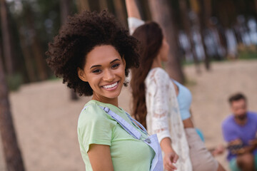 Poster - Photo of millennial brunette lady wear casual cloth on the picnic party