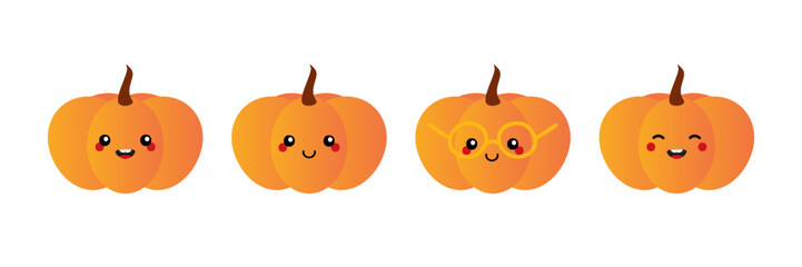 Wall Mural - set, collection of cute cartoon style orange pumpkin characters for autumn, fall, harvest, thanksgiv
