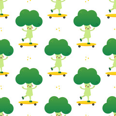 Wall Mural - Cute happy green broccoli character riding skateboard vector seamless pattern background.
