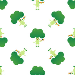 Wall Mural - Cute smiling broccoli character holding a plate with fresh vegetables vector seamless pattern background.
