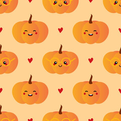 Wall Mural - Cute cartoon style orange pumpkin characters and red hearts vector seamless pattern background for autumn, harvest, thanksgiving design.
