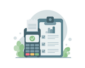 Poster - Business operation and analysis, audit. POS Terminal with Receipt. Financial inspection and analytics. Cartoon minimal style