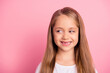 Photo of cheerful person look empty space toothy beaming smile isolated on pink color background