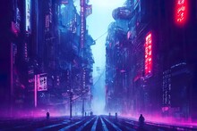 Asian, Japanese Cyberpunk Futuristic City. Dark Rainy Day With Sky Scrapers. Dystopic Future With Neon Signs And Light. Advanced Technological Metropolis. Blade Runner Feeling. Digital Artwork.