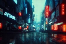 Asian, Japanese Cyberpunk Futuristic City. Dark Rainy Day With Sky Scrapers. Dystopic Future With Neon Signs And Light. Advanced Technological Metropolis. Blade Runner Feeling. Digital Artwork.