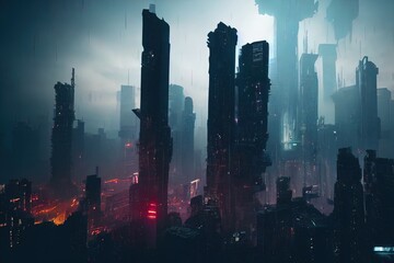 Wall Mural - aerial view of a cyberpunk city. skyscrapers view, at night on a rainy day. modern, futuristic archi