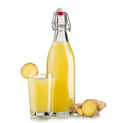 Ginger juice in a bottle and a glass with a root on white background