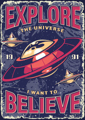 Wall Mural - Explore universe poster vintage colorful