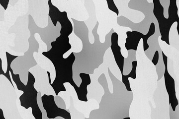 Wall Mural - White black camouflage pattern fabric background texture. military and hunting clothes. winter and snow camouflage