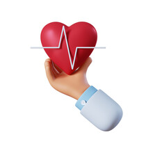 3d Render. Medical Heart Rate Icon. Doctor Or Cardiologist Cartoon Hand Holding Heart With Chart Line. Healthcare Illustration. Cardiogram Clip Art Isolated On Transparent Background.