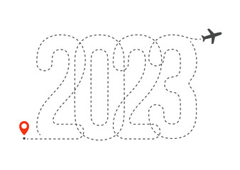 Poster - 2023 numbers aircraft route for travelers. Event poster, greeting card cover, 2023 calendar design, invitation to celebrate New Year and Christmas. Vector illustration