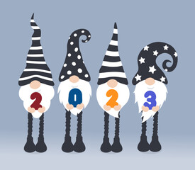 Poster - Nordic style Gnomes with 2023 numbers. Happy New Year event poster, greeting card cover, 2023 calendar design, invitation to celebrate New Year and Christmas. Vector illustration