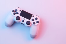 White Video Game Controller, Joystick For Game Console Isolated On White Background. Gamer Control Device Close-up