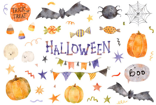 Halloween hand-drawn elements. Illustration of bat, pumpkins, skulls, spider. Trick or Treat, flags, speech bubbles. Halloween holiday monsters isolated