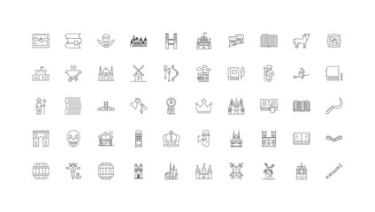 Medieval concept illustration, linear icons, line signs set, vector collection