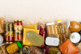 Fototapeta  - Emergency groceries food background with copyspace