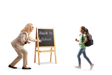 Sticker - Teacher welcoming a schoolgirl back to school