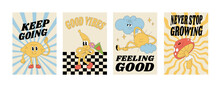 Vector Collection Of Retro Groovy Posters With Characters- Sun, Lemon, Banana And Mushroom With Typography Quote. Placard For Print.